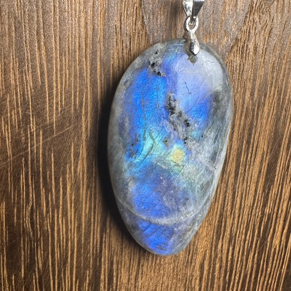 Labradorite Teardrop Pendant Necklace - Long Stainless Steel Chain - Blue Flash - Picture 6 of 13